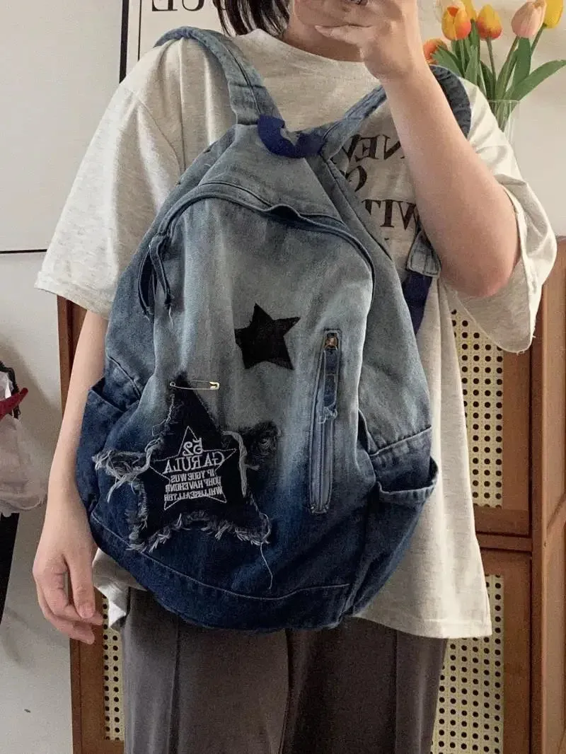 Sohiwoo Bag Women Y2k Harajuku Grunge Backpack Vintage Mochila Patchwork Capacity Ladies Aesthetic Denim Backpacks School Large