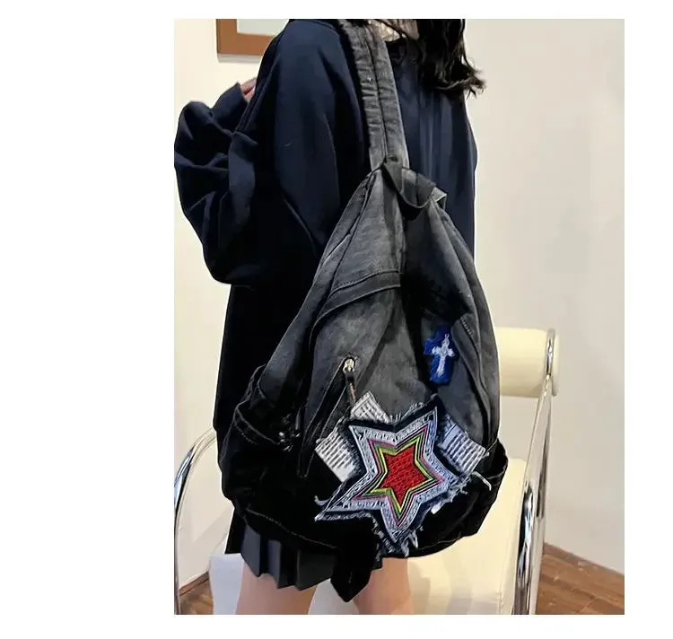 Sohiwoo Bag Women Y2k Harajuku Grunge Backpack Vintage Mochila Patchwork Capacity Ladies Aesthetic Denim Backpacks School Large
