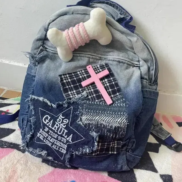 Sohiwoo Bag Women Y2k Harajuku Grunge Backpack Vintage Mochila Patchwork Capacity Ladies Aesthetic Denim Backpacks School Large