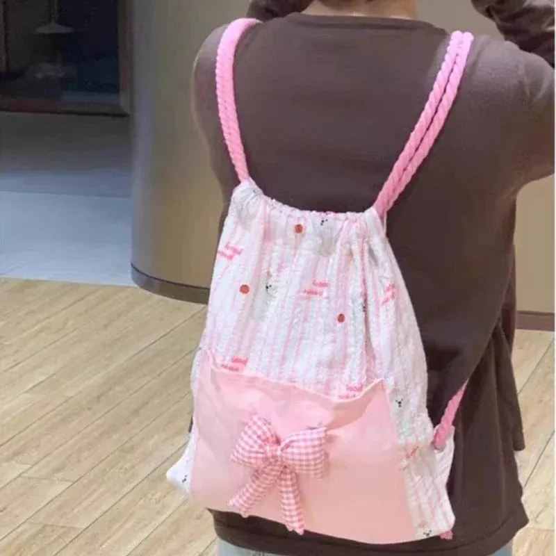 TAVIMART  -  Patchwork Chic Girls Bow Pocket Backpacks Contrast Color Striped Kawaii Backpack Sweet Women Students Y2k Aesthetic Schoolbags