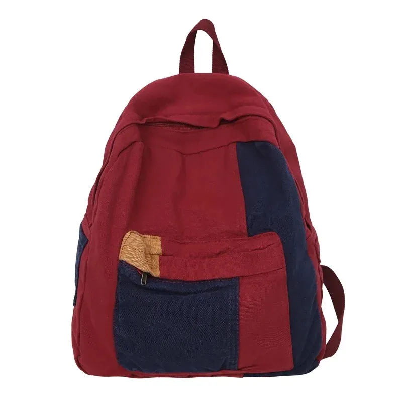Uniwim Canvas Women's Backpack Vintage Shoulders Bag College Knapsack Patchwork Packbag Travel Rucksack Student Mochila Y2K Book Bag