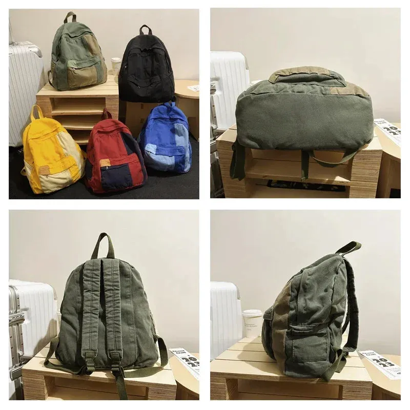 Uniwim Canvas Women's Backpack Vintage Shoulders Bag College Knapsack Patchwork Packbag Travel Rucksack Student Mochila Y2K Book Bag