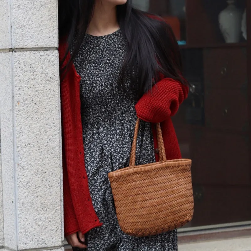 Vintage Pure Handmade Cowhide Small Woven Bag